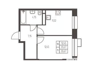1-к квартира, строящийся дом, 36м2, 3/20 этаж