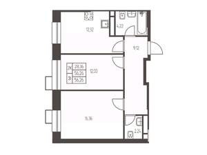 2-к квартира, строящийся дом, 56м2, 10/20 этаж