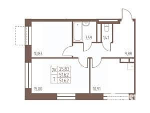 2-к квартира, вторичка, 52м2, 16/16 этаж