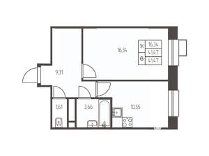 1-к квартира, строящийся дом, 42м2, 17/25 этаж