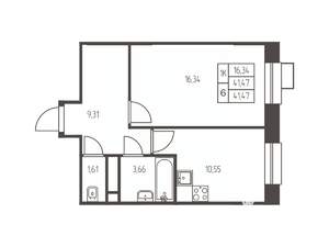 1-к квартира, строящийся дом, 42м2, 20/25 этаж