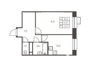 1-к квартира, строящийся дом, 42м2, 21/25 этаж