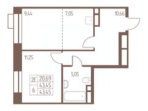 2-к квартира, строящийся дом, 44м2, 14/24 этаж