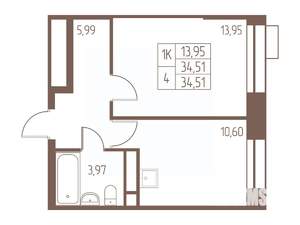1-к квартира, строящийся дом, 35м2, 22/24 этаж