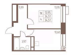 1-к квартира, строящийся дом, 35м2, 24/24 этаж