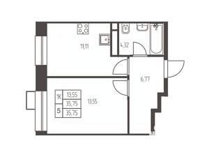 1-к квартира, строящийся дом, 36м2, 5/20 этаж