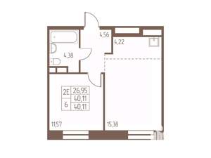 2-к квартира, строящийся дом, 40м2, 14/16 этаж