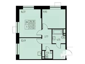 2-к квартира, строящийся дом, 58м2, 21/23 этаж