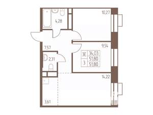 3-к квартира, строящийся дом, 52м2, 22/24 этаж