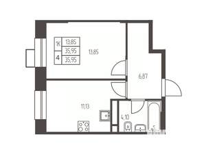 1-к квартира, строящийся дом, 36м2, 3/20 этаж