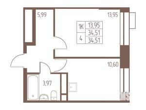 1-к квартира, строящийся дом, 35м2, 24/24 этаж