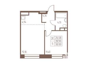 2-к квартира, строящийся дом, 40м2, 15/16 этаж