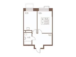 1-к квартира, строящийся дом, 44м2, 6/24 этаж