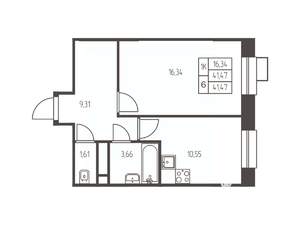 1-к квартира, строящийся дом, 42м2, 22/25 этаж