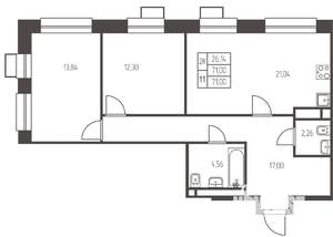 2-к квартира, строящийся дом, 71м2, 8/25 этаж