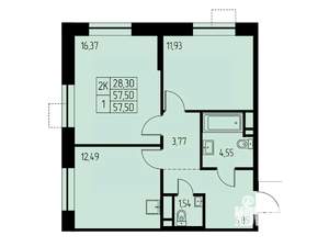 2-к квартира, строящийся дом, 58м2, 19/23 этаж