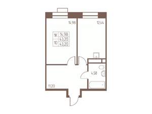 1-к квартира, строящийся дом, 43м2, 22/24 этаж