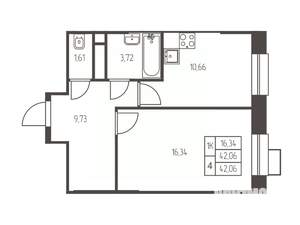 1-к квартира, строящийся дом, 42м2, 19/25 этаж