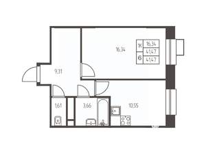 1-к квартира, строящийся дом, 42м2, 12/25 этаж