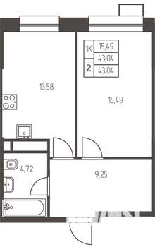 1-к квартира, строящийся дом, 43м2, 24/25 этаж