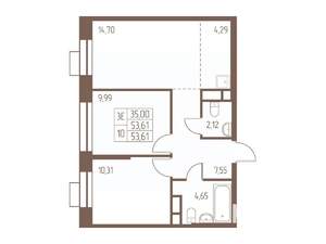 3-к квартира, строящийся дом, 54м2, 19/24 этаж