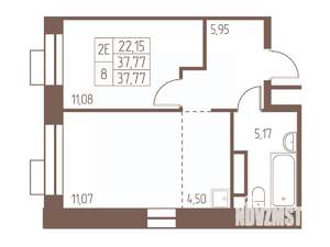 2-к квартира, строящийся дом, 38м2, 22/24 этаж