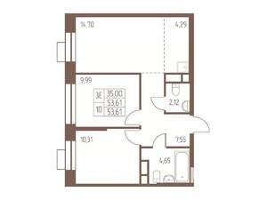 3-к квартира, строящийся дом, 54м2, 22/24 этаж
