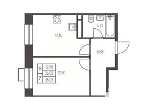 1-к квартира, строящийся дом, 36м2, 2/12 этаж