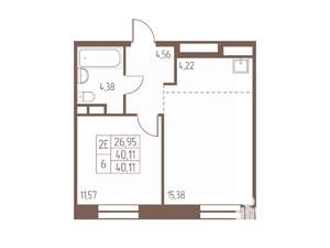2-к квартира, строящийся дом, 40м2, 15/16 этаж