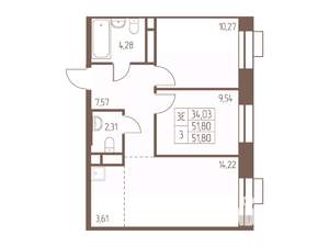 3-к квартира, строящийся дом, 52м2, 16/24 этаж